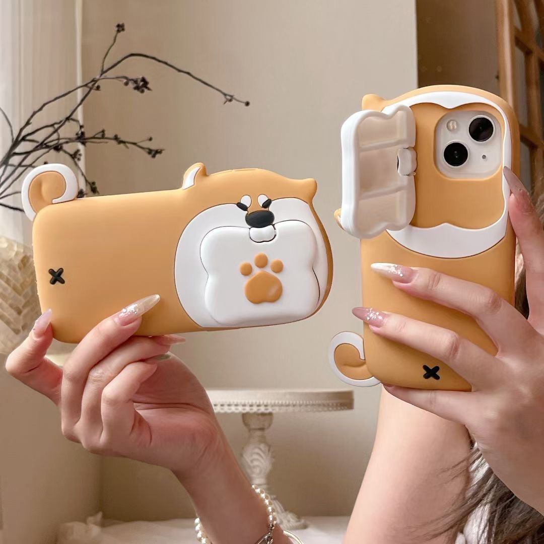 Rynx | Cute Dog Bite Silicone iPhone Case with 3D Bone Stand – Brown Puppy Design
