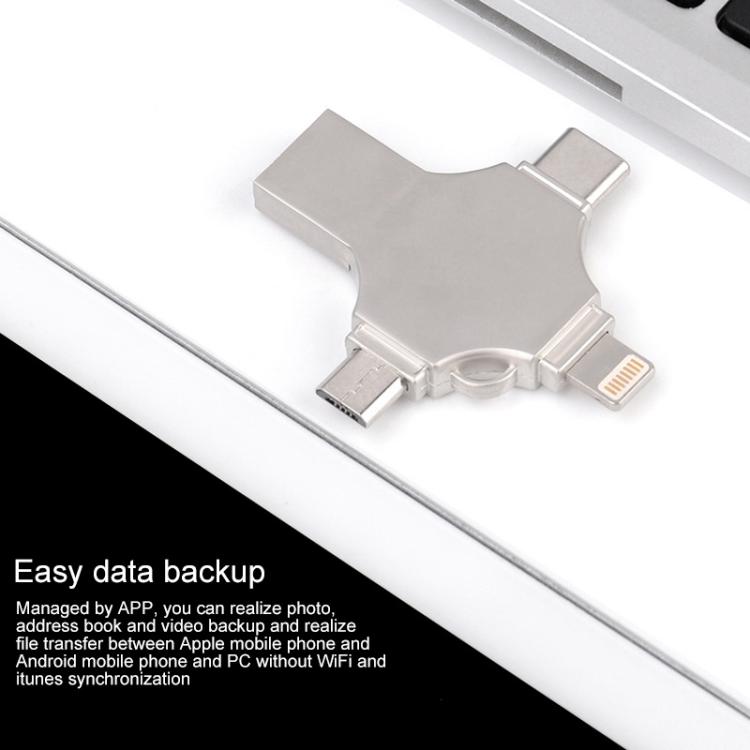 Rynx | Cross 4 in 1 128GB 8 Pin + Micro USB + USB-C / Type-C + USB 3.0 Metal Flash Drive (Silver)