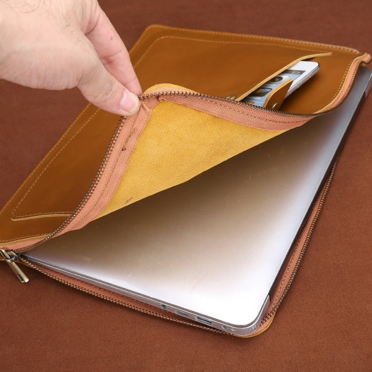 Rynx | 11.6 Inch Genuine Leather Zipper Laptop Tablet Bag, For Macbook, Samsung, Lenovo, Sony, DELL Alienware, CHUWI, ASUS, HP 11.6 Inch and Below Laptop (Brown)