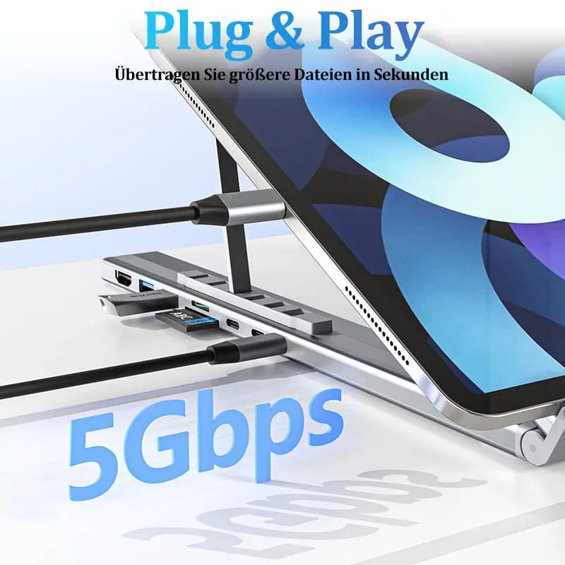 Rynx | Foldable laptop stand with 8-in-1 hub – For tech enthusiasts & fast charging fans