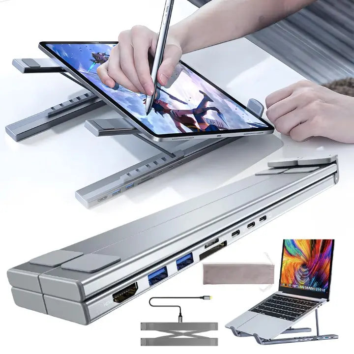 Rynx | Foldable laptop stand with 8-in-1 hub – For tech enthusiasts & fast charging fans