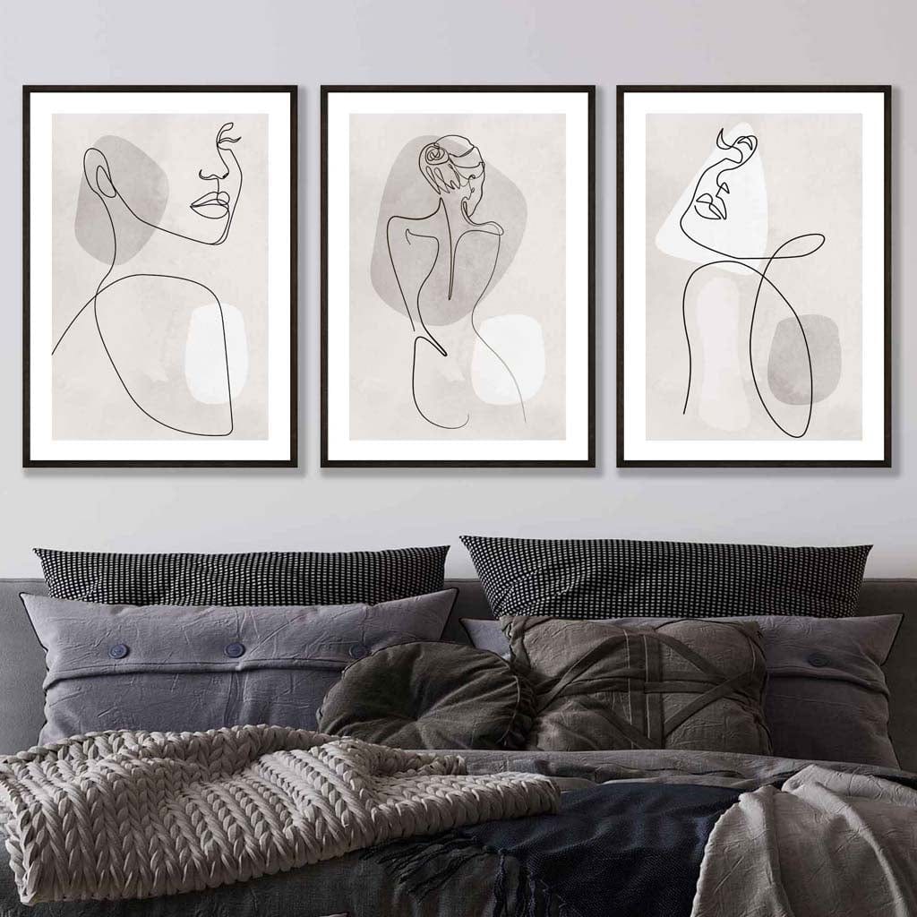 Rynx | Gray & Beige Abstract Minimal Line Art Female Set of 3 Art Prints 61x91cm