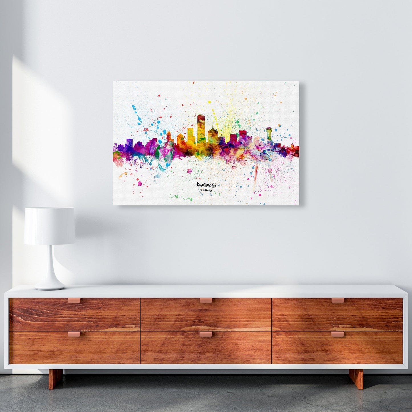 Rynx | Dallas Texas Skyline Splash Art Print by Michael Tompsett