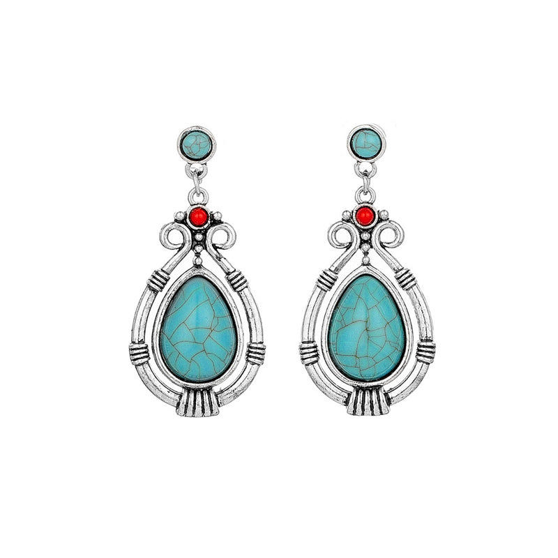 Rynx | Tibetan Silver Art Retro Ethnic Style Turquoise Waterdrop Carved Earrings