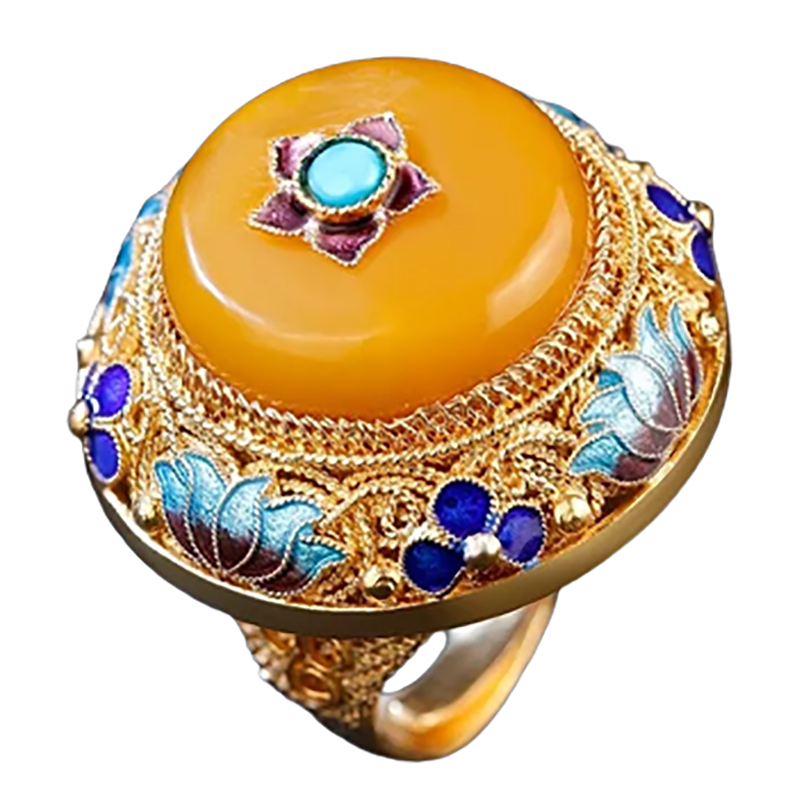 Rynx | Handmade Silver Flower Silk Inlaid with Topaz Honey Wax S925 Silver Ring Retro Palace Gold Plated Large Thumb Ring