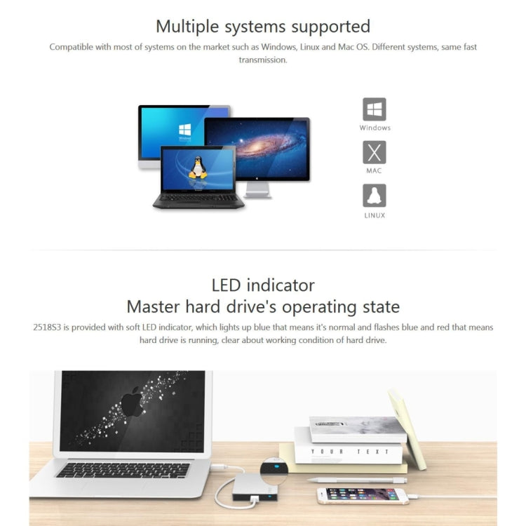 Rynx | ORICO 2518S3 USB3.0 External Hard Drive Enclosure for 7mm & 9.5mm 2.5 inch SATA HDD / SSD (Silver)