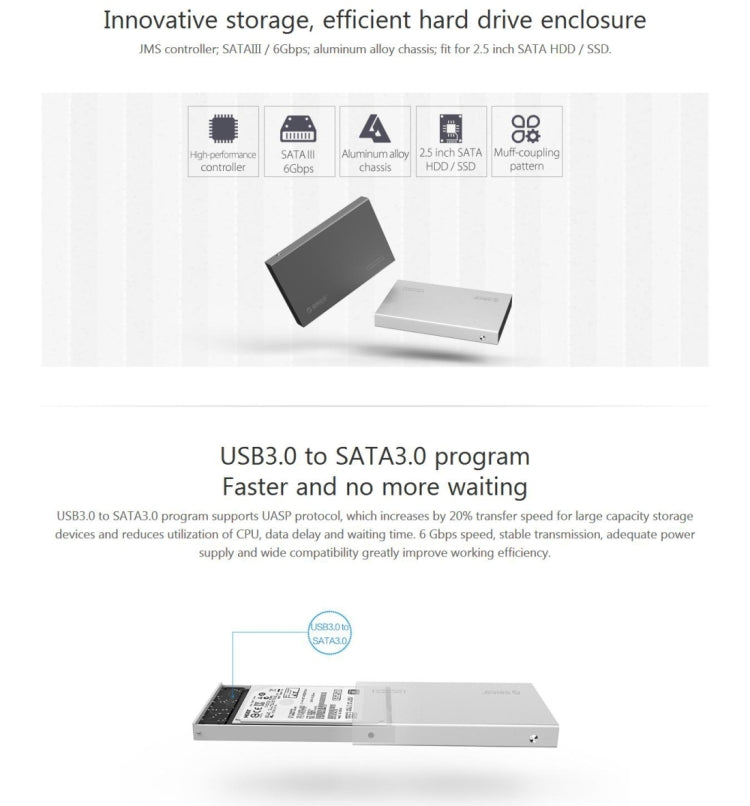 Rynx | ORICO 2518S3 USB3.0 External Hard Drive Enclosure for 7mm & 9.5mm 2.5 inch SATA HDD / SSD (Silver)