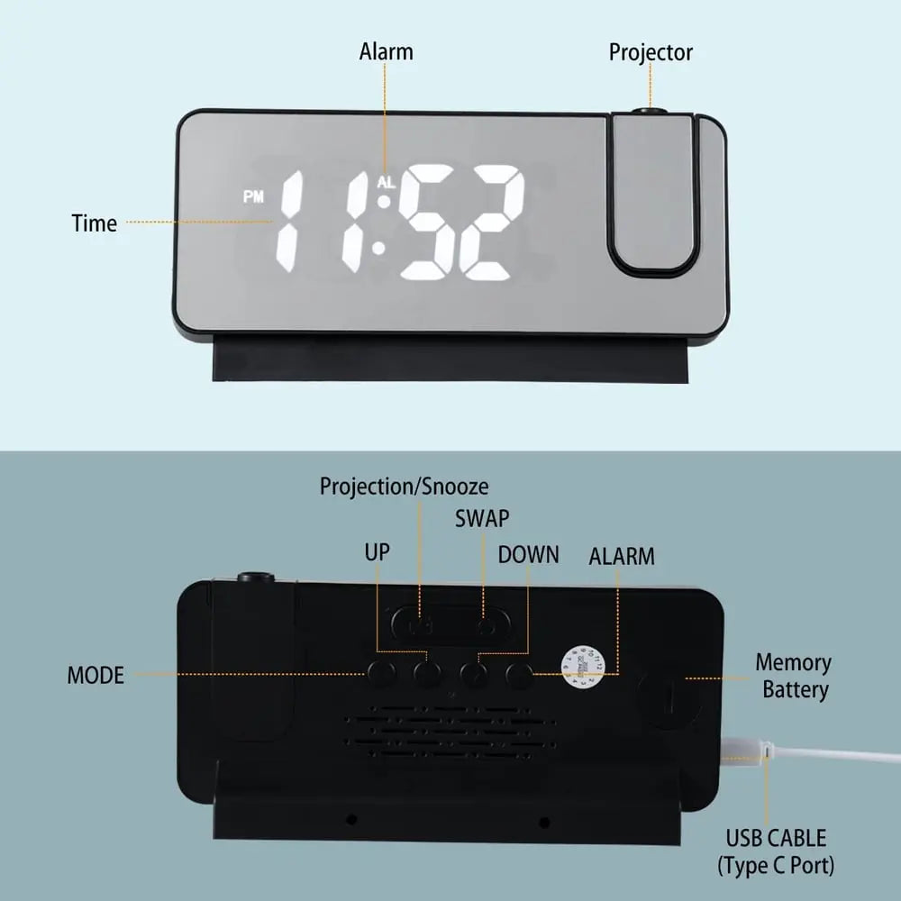 Rynx | Projection alarm clock with mirror display and large LED screen