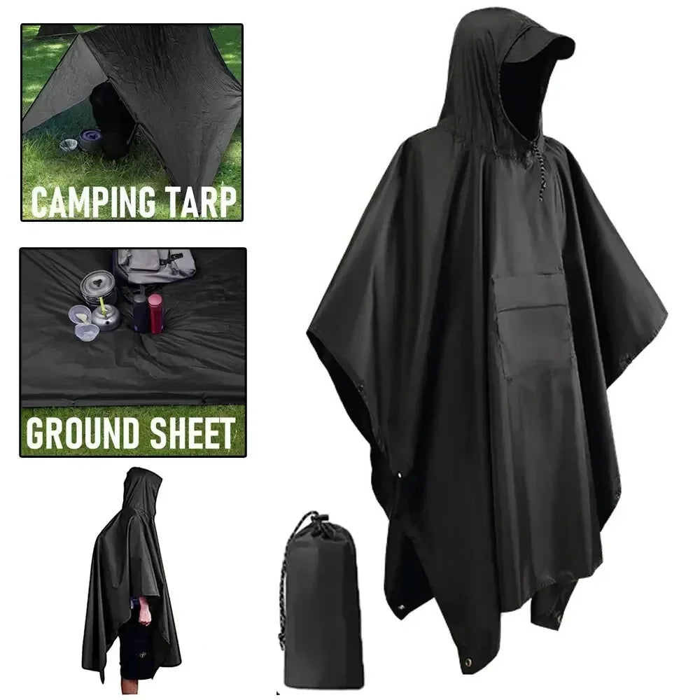 Rynx | 3 in 1 Outdoor Military Raincoat - Hooded Waterproof Rain Poncho with Sleeves, Motorcycle Rain Cover, Ideal for Camping, Hiking and Travel