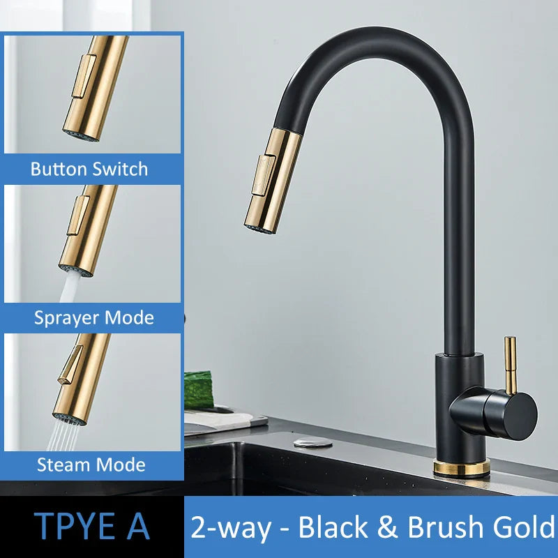 Rynx | Quyanre Brushed Gold Kitchen Faucet - Pull Out Sink Water Tap, Single Handle Mixer Tap with 360 Rotation, Kitchen Shower Faucet TYPE A Black Gold