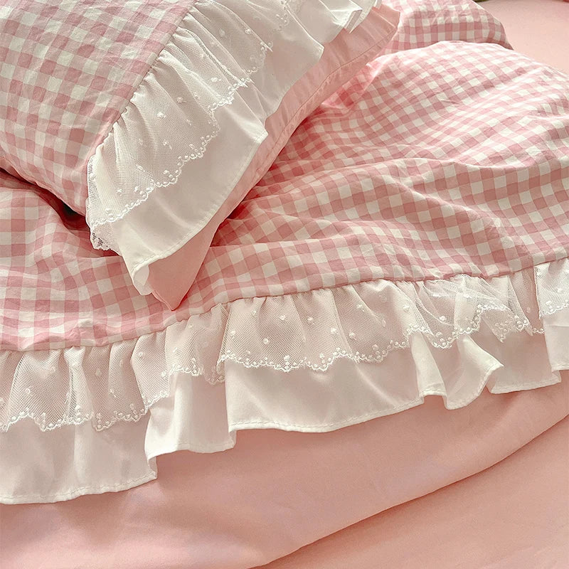 Rynx | Korean Princess Style Grid Double Layer Lace Bedding Set Soft Duvet Cover Check Pattern Bed Covers Set Bed Sheets Pillow Covers