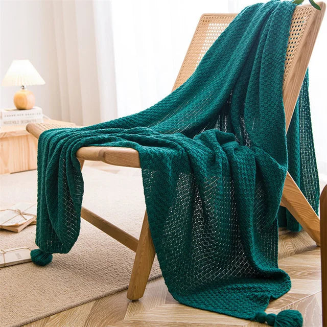 Rynx | Nordic blankets for bed sofa couch chunky knit bedspread knitted throw blanket with fringes solid color waffle embossed blanket