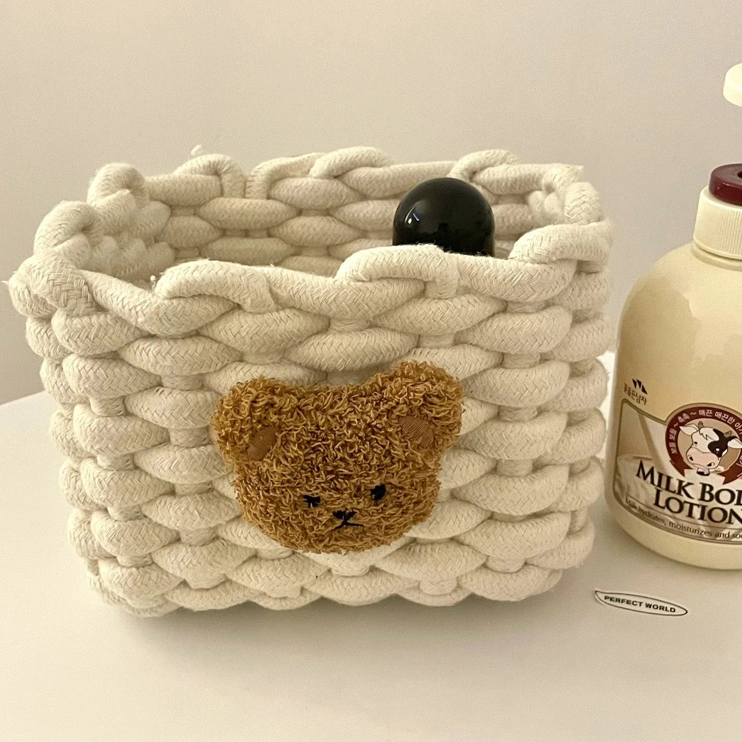 Rynx | Into Kawai Desktop Storage Basket Korea Bear Cotton Linen Woven Basket Cute Cosmetic Make-up Small Items Storage Basket Organizer Box