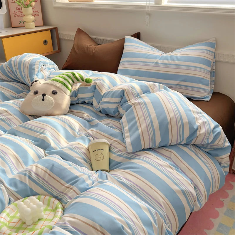 Rynx | INS Stripes Bedding Comforter Set Pillowcase Bed Sheet Twin Full Size Bedding Duvet Set Queen/King Double Twin