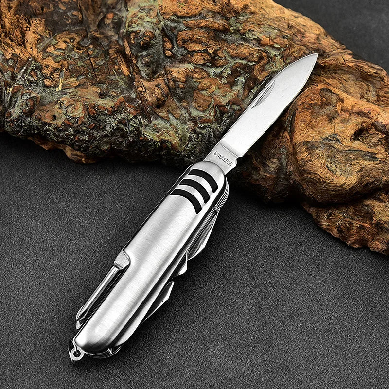 Rynx | Portable 11 in 1 Multifunction Pocket Knife - Stainless Steel Outdoor Emergency Tool with Bottle Opener and Cork Drill