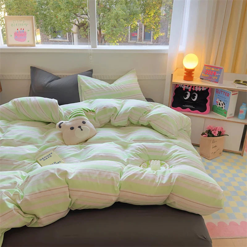 Rynx | INS Stripes Bedding Comforter Set Pillowcase Bed Sheet Twin Full Size Bedding Duvet Set Queen/King Double Twin