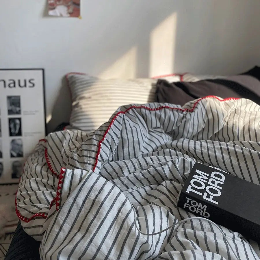 Rynx | Duvet Cover Set Quilt Set in Nordic Minimalist Style Gray Stripes Bed Set of Four Pieces, Home Luxury Bedding Set Bed Sheets