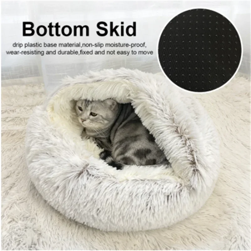 Rynx | Long Plush Cat Bed Round Cat Pillow Cat House 2 in 1 Warm Cat Basket Cat Sleeping Bag Cat Nest Kennel for Small Dog Cat