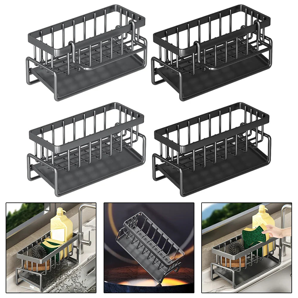 Rynx | Stainless Steel Sink Drain Rack with Sponge Storage - Kitchen Faucet Holder and Soap Drainer