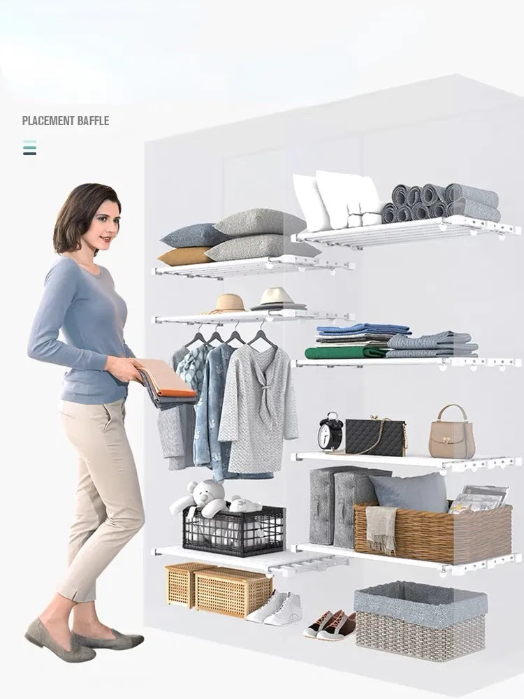 Rynx | White Expandable Divider - Adjustable Clothing Closet Shelf for Wardrobe, Kitchen, and Bathroom Storage, Punch-free Shelf Dividers