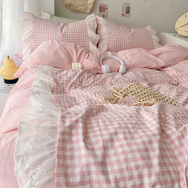 Rynx | Korean Princess Style Grid Double Layer Lace Bedding Set Soft Duvet Cover Check Pattern Bed Covers Set Bed Sheets Pillow Covers