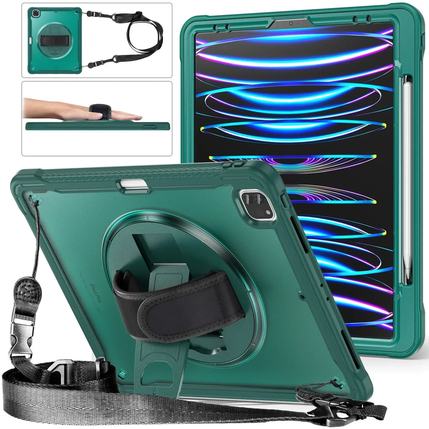 RYNX | For Ipad Pro 11 12.9 13 M1 M2 M4 2022 2024 Shockproof Heavy-Duty- Ipad Air 4 Air5 10.9"Mini6 Case+Shoulder Strap | Dark green