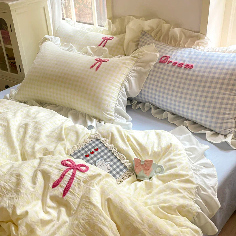 Rynx | Prinzessinnen Bettwäsche Set Spitze Schleife Rosa Karomuster 4-teilig Bettdecke Bezug Blatt und Kissenbezug Soft Romantisch Für Mädchen