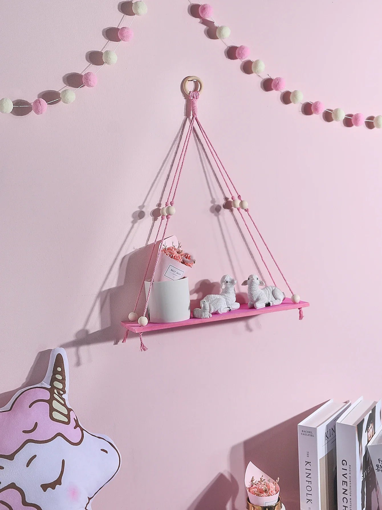 Rynx | Pink Wooden Floating Shelf – Nordic Hanging Decoration Display Stand for Girls' Kids Room Aesthetic Wall Decor