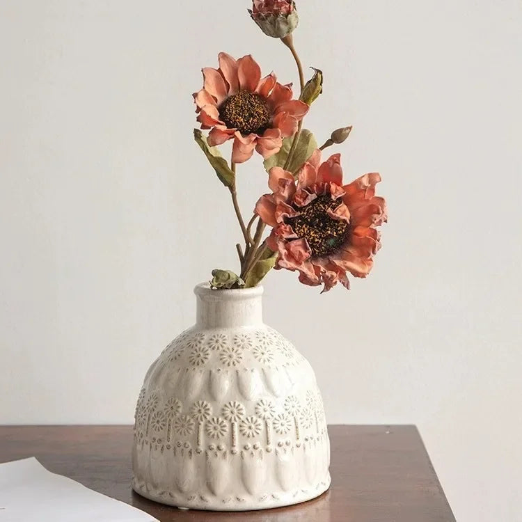 Rynx | Relief Ceramic Vase European Retro Vase Living Room Desk Decoration Ornaments Flower Vases Dried Flower Arrangement Container