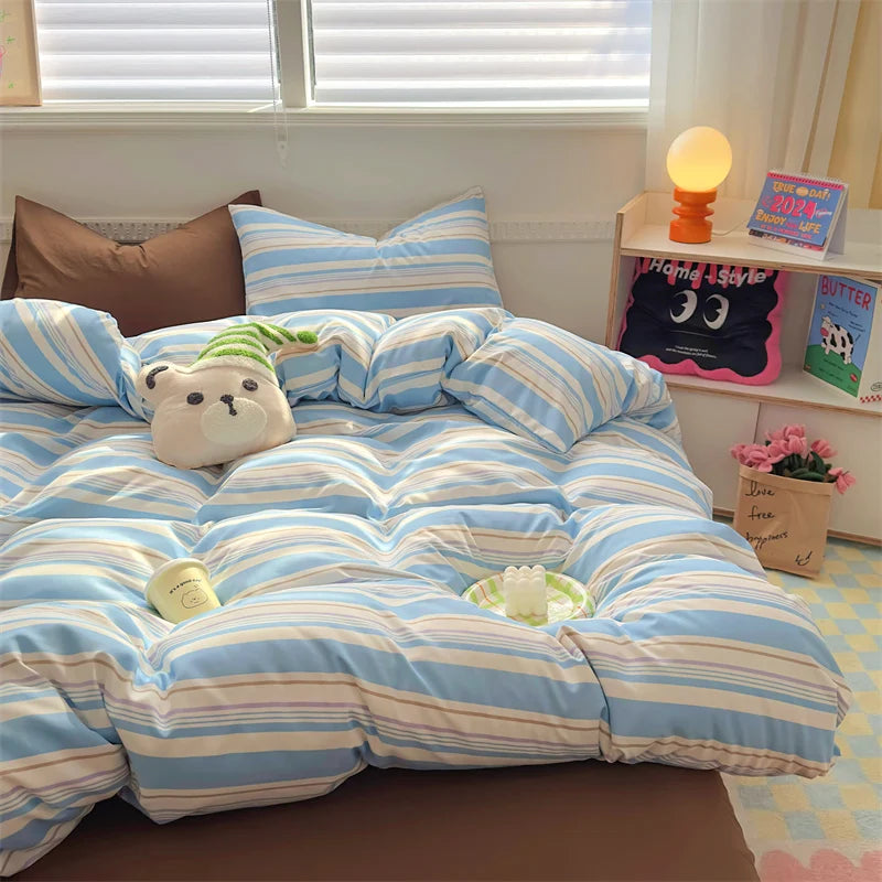 Rynx | INS Stripes Bedding Comforter Set Pillowcase Bed Sheet Twin Full Size Bedding Duvet Set Queen/King Double Twin