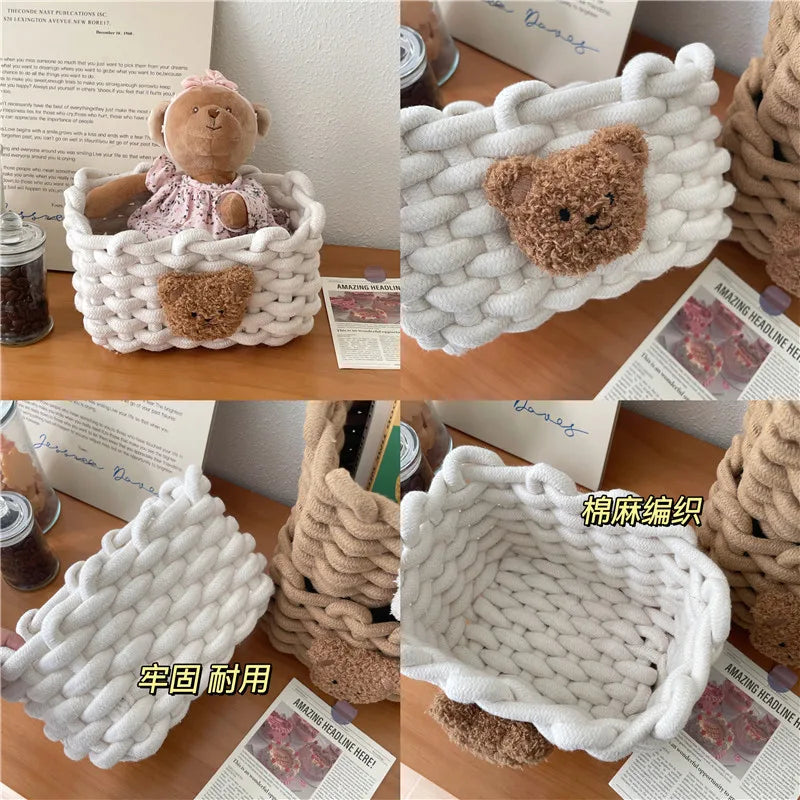 Rynx | Into Kawai Desktop Storage Basket Korea Bear Cotton Linen Woven Basket Cute Cosmetic Make-up Small Items Storage Basket Organizer Box