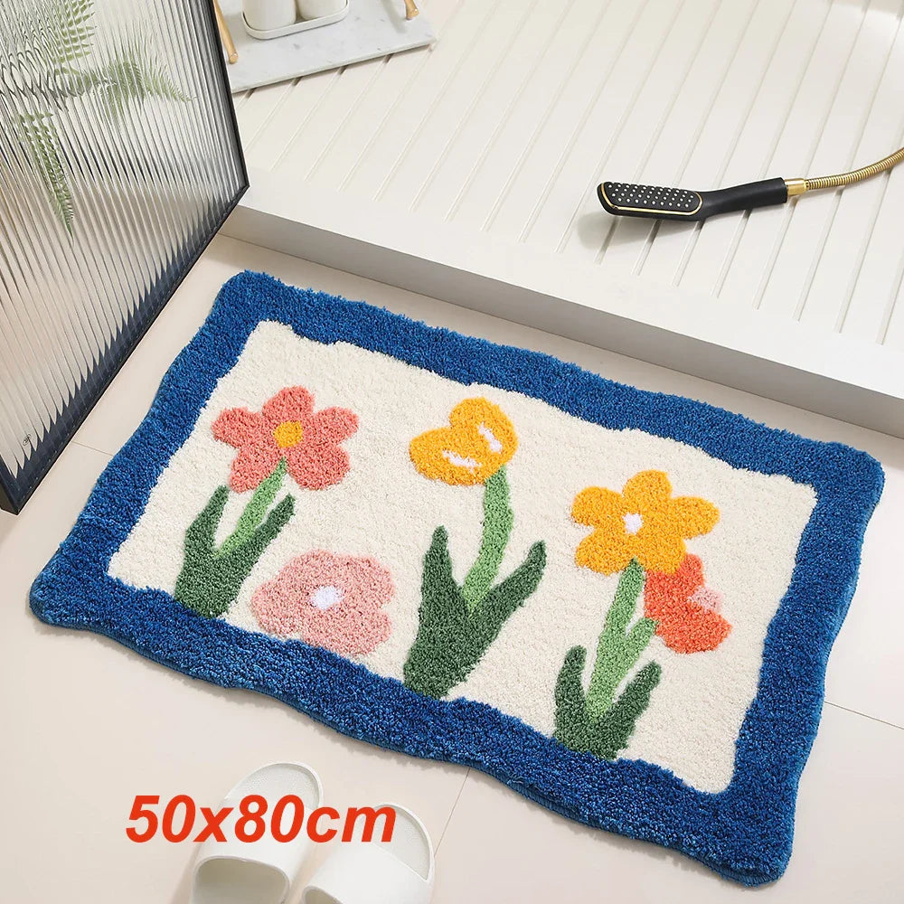 Rynx | Floral Tuffing Bathroom Mat Soft Tulip Nightstand Foot Rug Carpet Floor Cushion Bedroom Doormat Aesthetic Living Space Order Decor