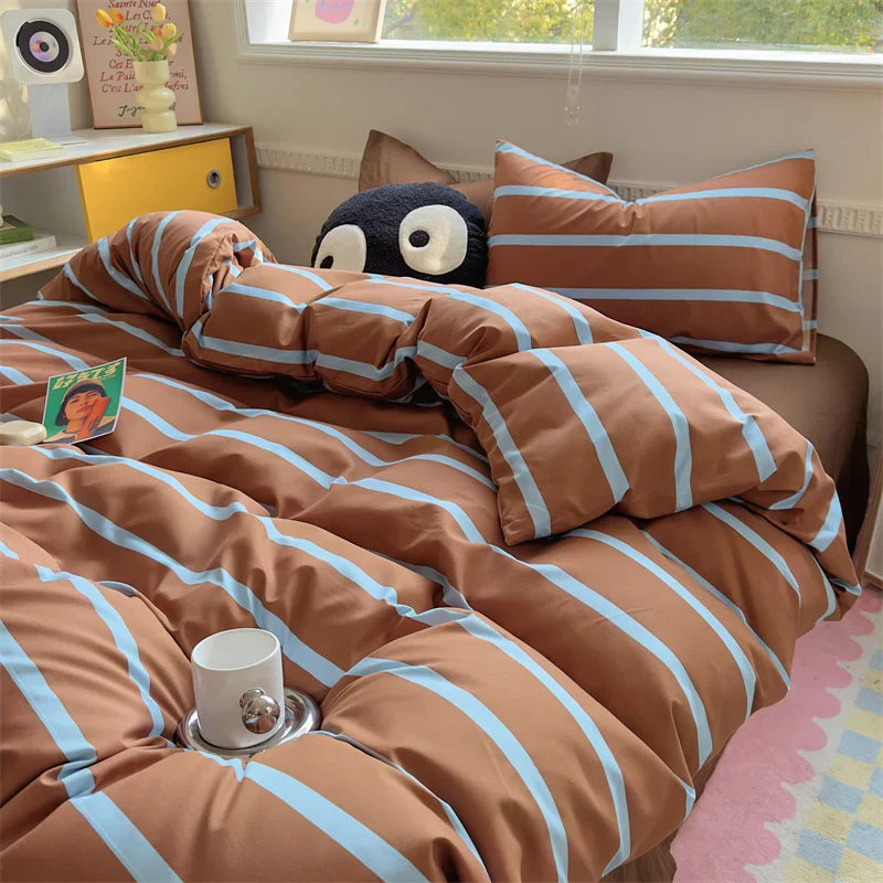Rynx | INS Stripes Bedding Comforter Set Pillowcase Bed Sheet Twin Full Size Bedding Duvet Set Queen/King Double Twin