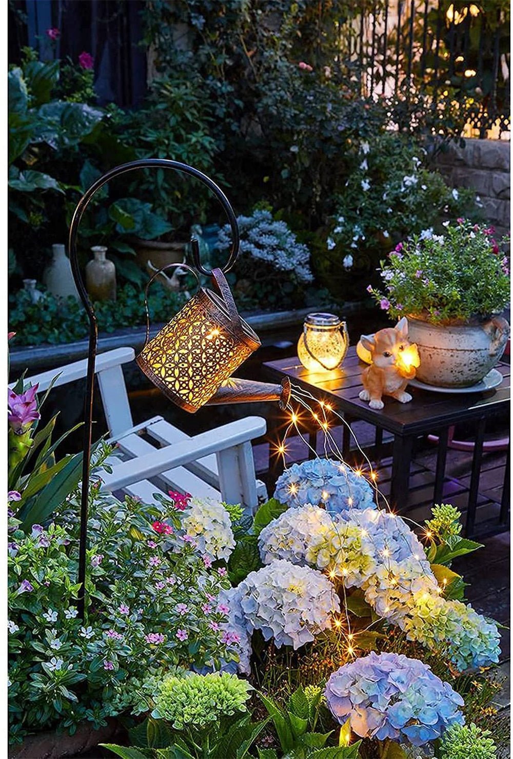 Rynx | Hanging Solar Garden Watering Can with Waterfall String Lights & Stand