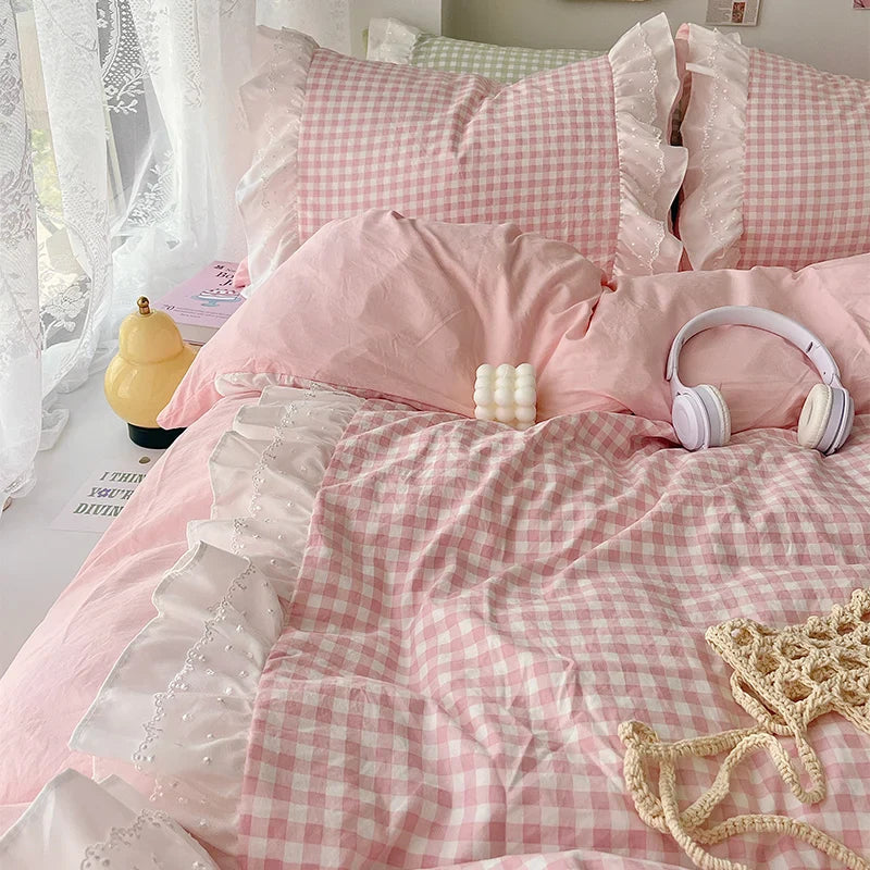 Rynx | Korean Princess Style Grid Double Layer Lace Bedding Set Soft Duvet Cover Check Pattern Bed Covers Set Bed Sheets Pillow Covers