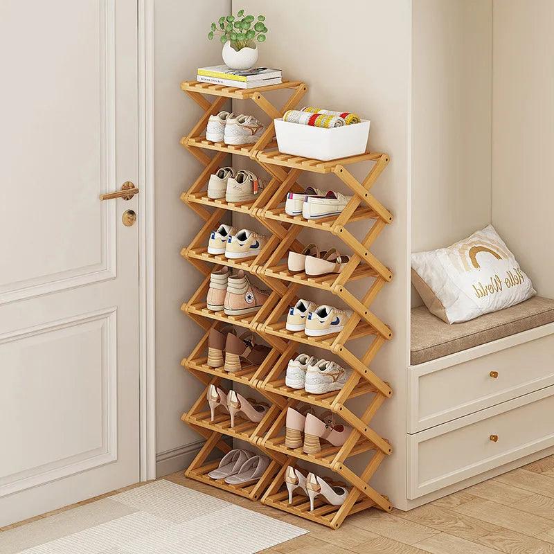 Rynx | Elegant expandable shoe rack made of bamboo with customizable shelf options