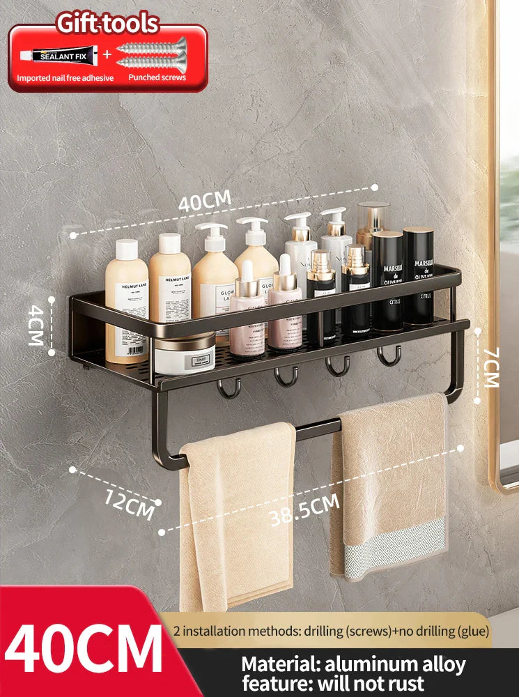 Rynx | Punch-Free Bathroom Rack – Aluminum Space-Saving Shelf – No Drill Hanging Organizer – Wall-Mounted Toilet Shelf for Efficient Bathroom Storage
