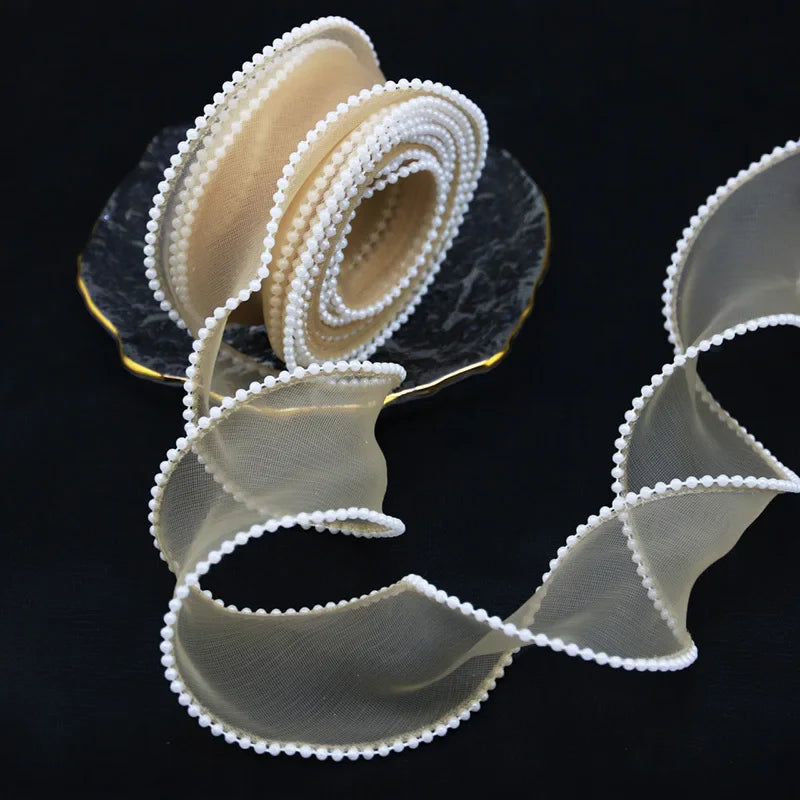 Rynx | (5 Yards/Roll) 4 cm Pearl Edge Organza Ribbon Wave Silk Lace Children Hair Accessories Lolita Handmade Decorative Gift Box Wedding