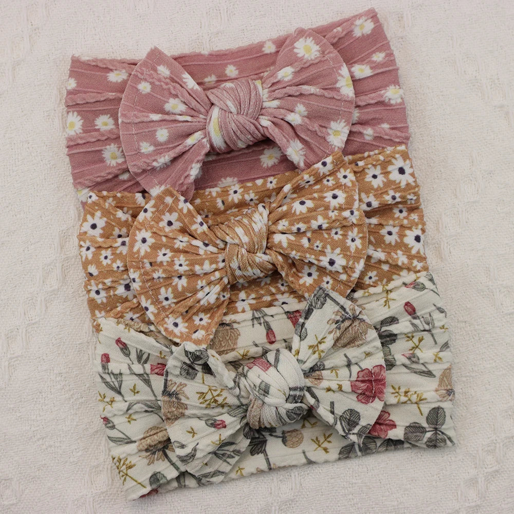 Rynx | 3Pcs Baby Headband Set: Knit Bows, Elastic Nylon Turban