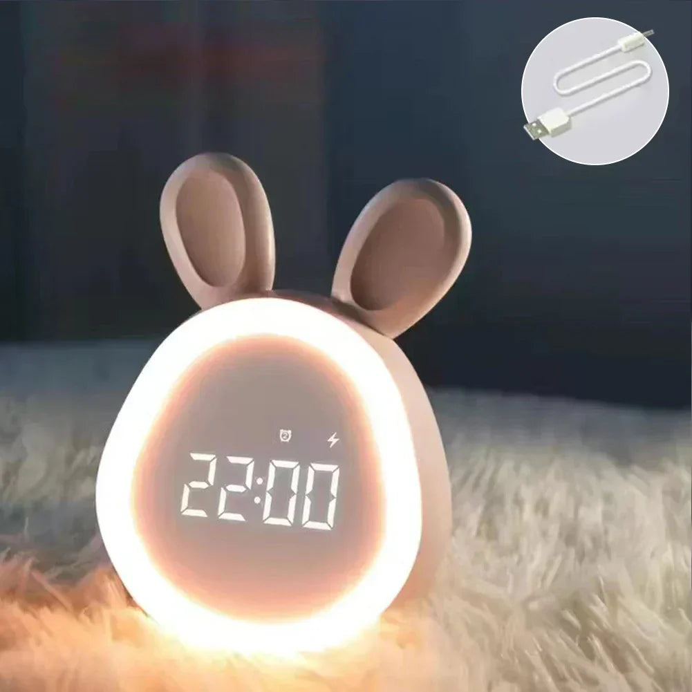 RYNX | Cute children's alarm clock with LED display, night light, and alarm – Bunny shape for boys and girls, ideal for the children's room and gentle waking up Pink