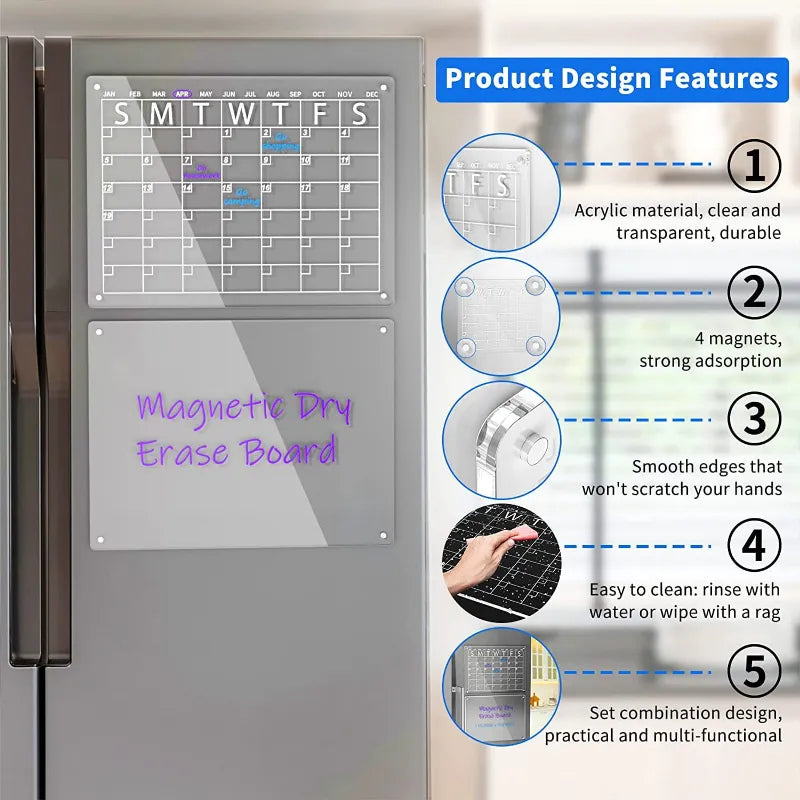 Rynx | Reusable Magnetic Dry Erase Fridge Calendar Board - Transparent Acrylic Fridge Magnet Sticker Planner for Schedules, Messages, and Menus