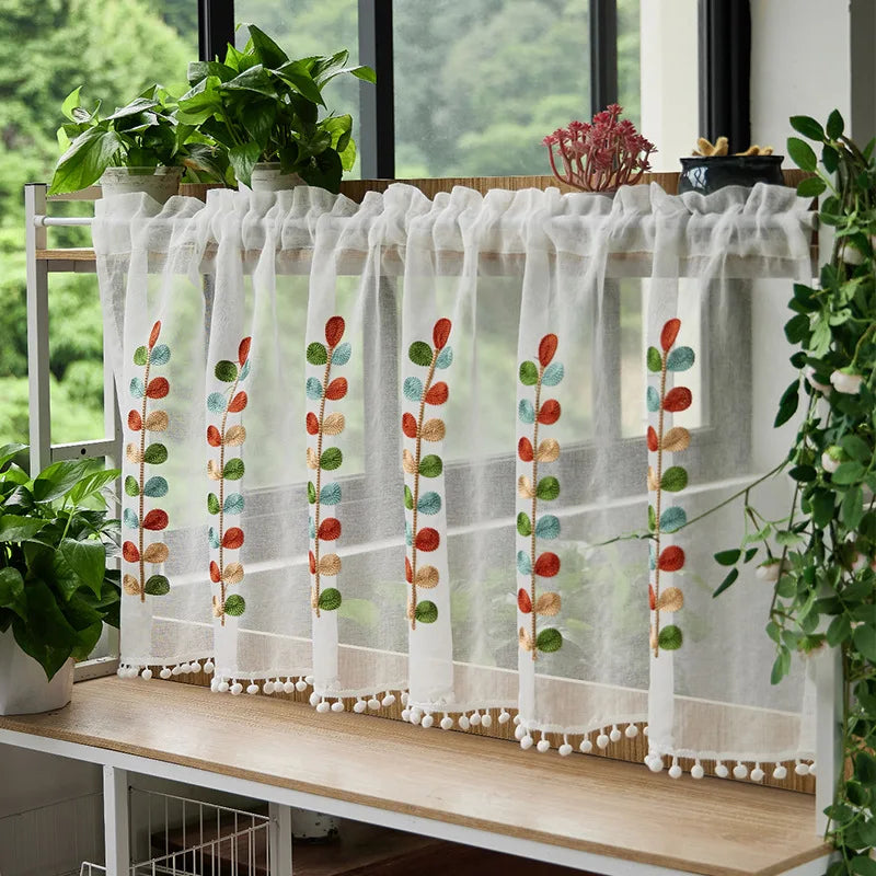 Rynx | Cotton Fashion Daisy Short Curtains Road Pocket Shade Flowers Tassel For Kitchen Bedroom Living Room Bay Window Cabinet Curtain