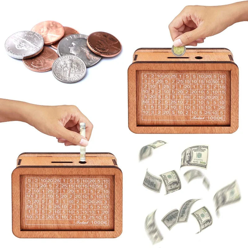 Rynx | Wooden Money Box Piggy Bank - Reusable Cash Bank with Savings Goal and Numbers for Encouraging Saving Habits