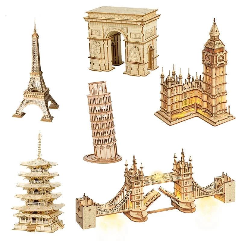 Rynx | 3D Architectural Wooden Puzzle Set: Build Big Ben, Tower Bridge & Five-Story Pagoda