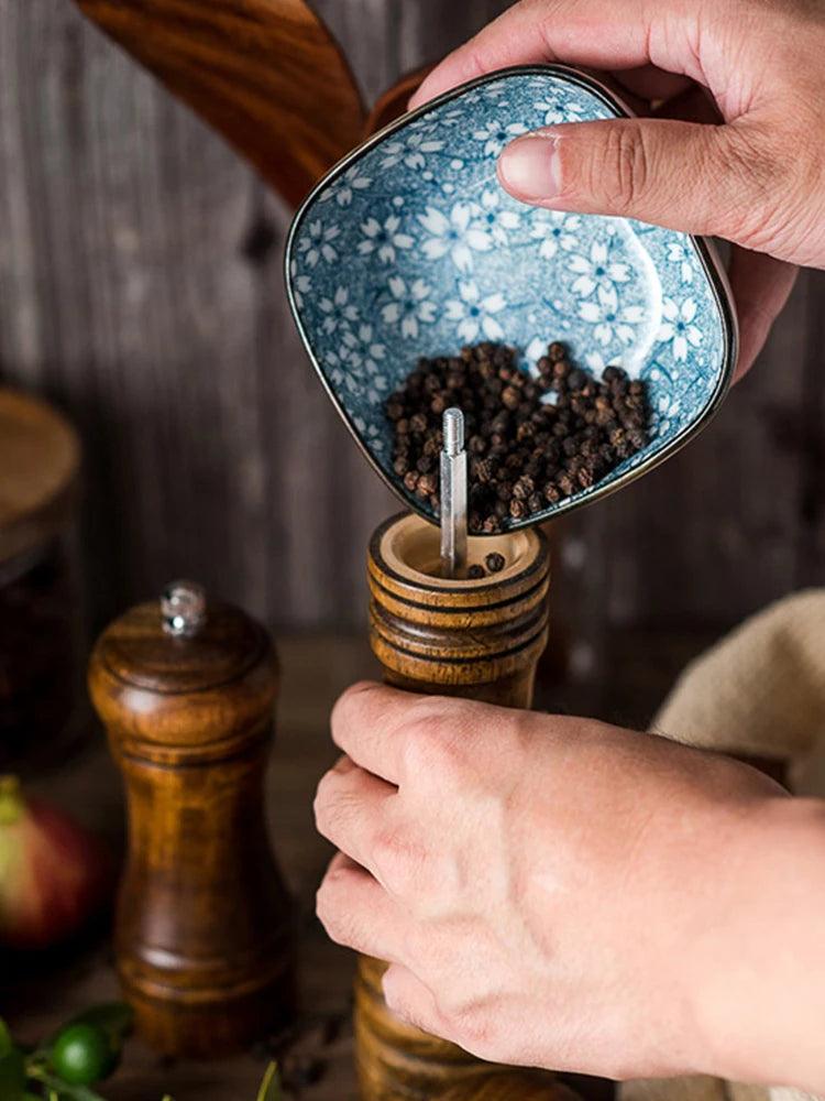 Rynx | Stylish Wood Salt and Pepper Mill Set with Adjustable Ceramic Mechanisms and Elegant Stand