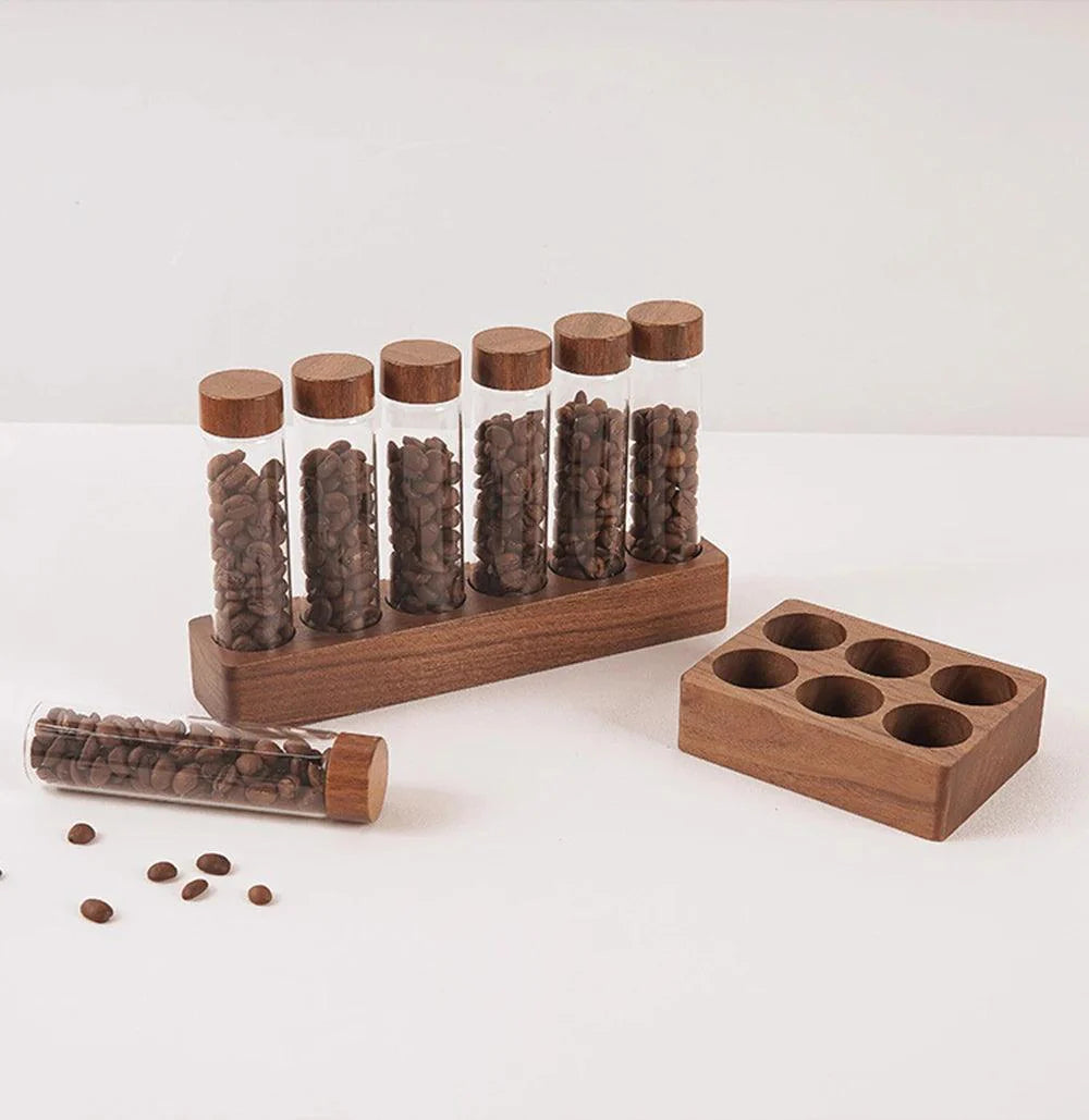 Rynx | Stylish Walnut Base Coffee Bean Display Organizer with Elegant Glass Tubes