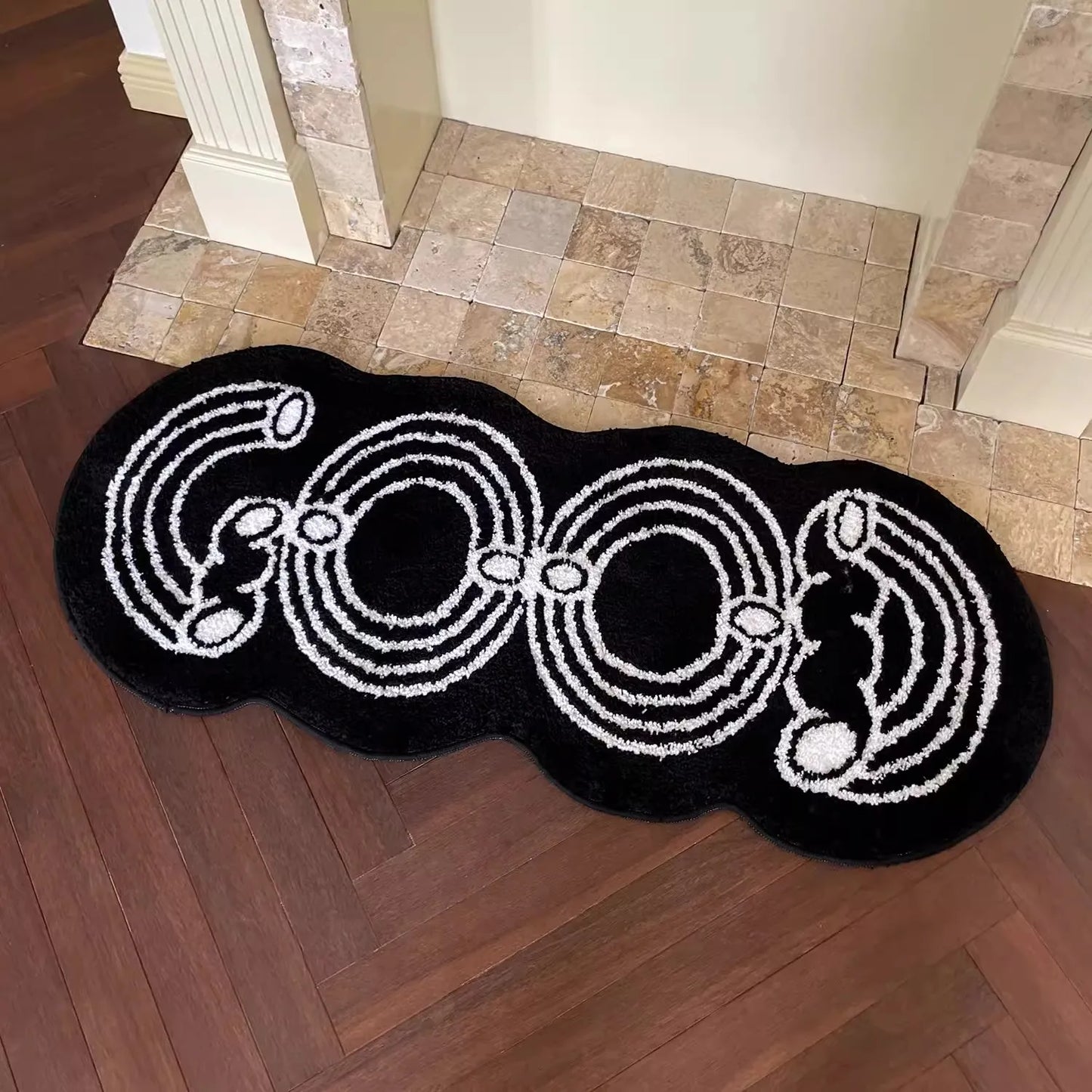 Rynx | Black White Tufting Letter Rug Long Nightstand Mat Soft Bedroom Living Room Rug Play Mat Floor Mat Aesthetic Home Decor 48x120cm