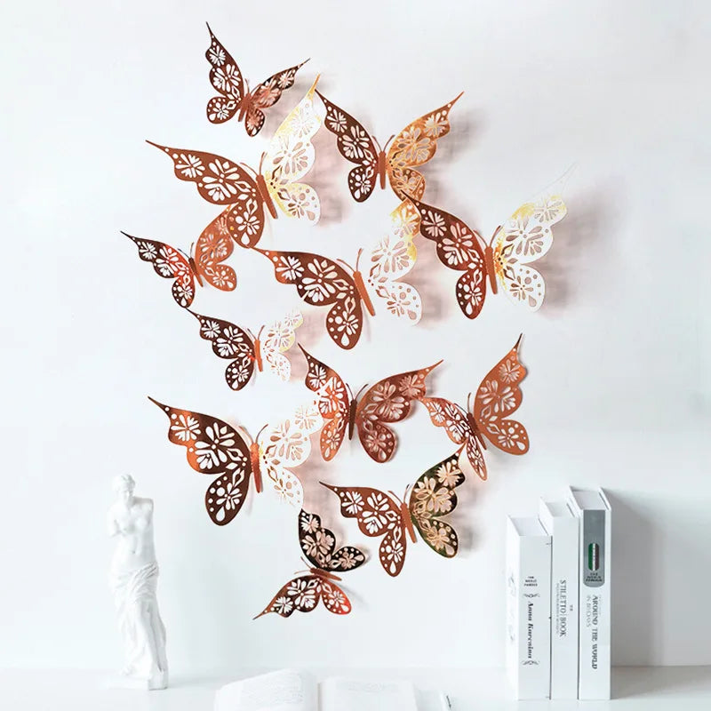 Rynx | 12 Pieces 3D Hollow Butterfly Wall Sticker - Bedroom Living Room Home Decoration Paper Butterflies