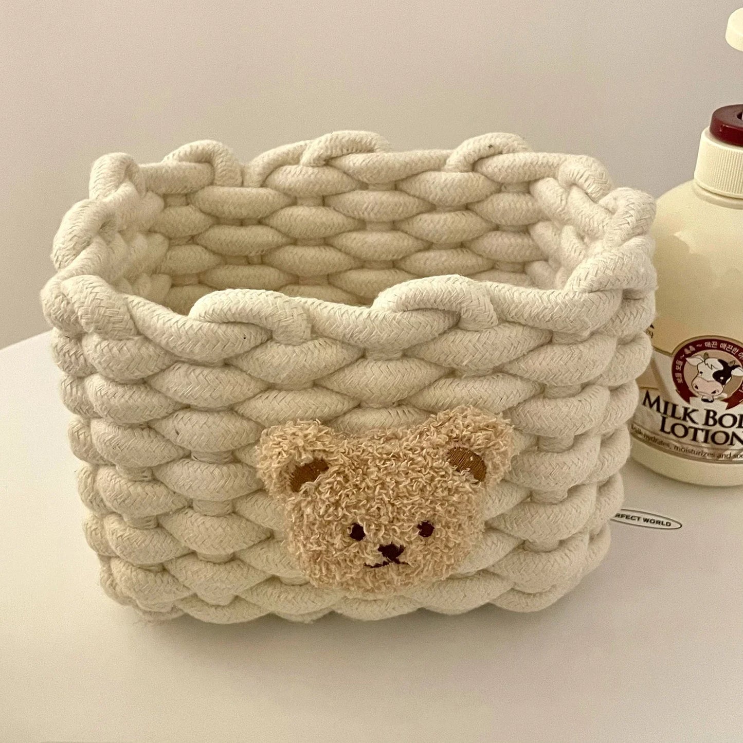 Rynx | Into Kawai Desktop Storage Basket Korea Bear Cotton Linen Woven Basket Cute Cosmetic Make-up Small Items Storage Basket Organizer Box