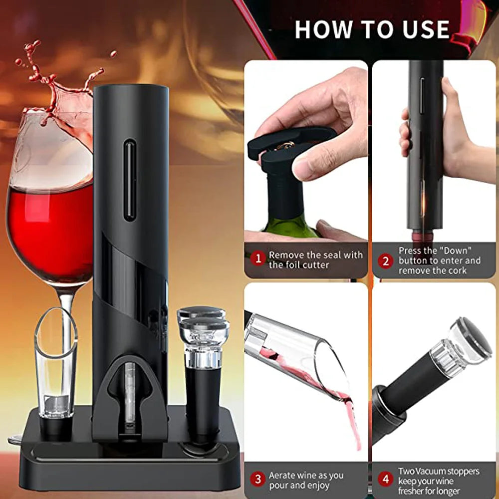 Rynx | Electric Wine Opener - Automatic Corkscrew with Stand Holder, Foil Cutter, and Beer Bottle Opener - Kitchen and Bar Can Opener